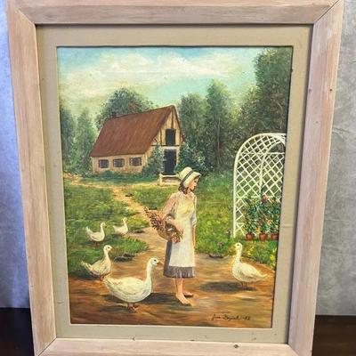Vintage Signed Framed Duck Farm Scene Original Painting on Canvas