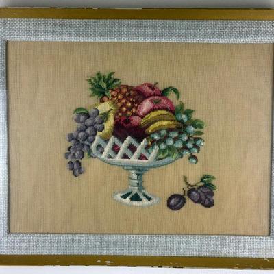 Vintage Framed Fruit Basket Needlepoint Hanging