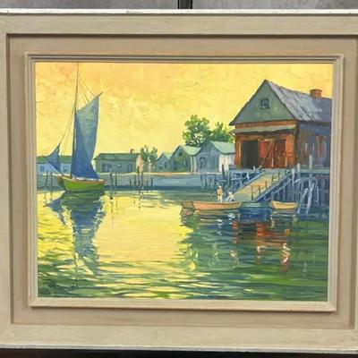 J. Alvin Stock - Signed Framed Modernist Dockside Original Painting on Board