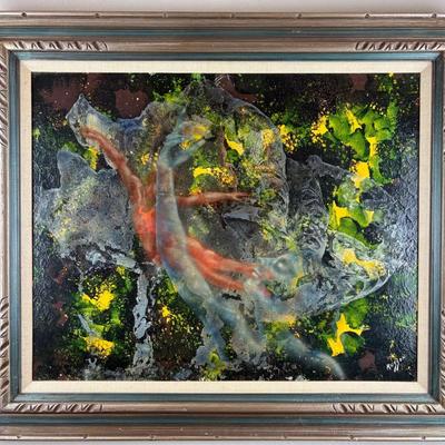 Lester Russon - Signed Vintage Framed Dancer Original Mid-Century Mixed Media Painting on Canvas