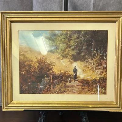 Vintage Framed Man & Dog Landscape Print