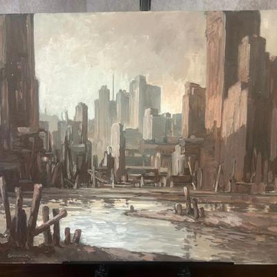J. Alvin Storck - Riverside - Vintage Signed Cityscape Original Painting on Board