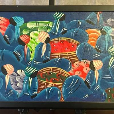 Vintage Signed Framed Haitian Harvesting Original Painting on Canvas