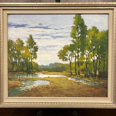 J. Alvin Storck - Marshland - Vintage Signed Framed Modernist Landscape Original Painting On Board