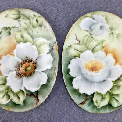 Pair of Signed Antique Floral Painted Porcelain Plaques