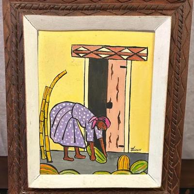 Philippe Vieux - Signed Framed Haitian Fruit Carrying Scene Original Painting on Board