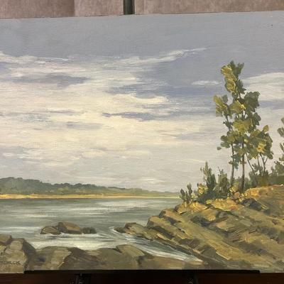 J. Alvin Storck - Vintage Signed Modernist Riverside Landscape Original Painting on Board