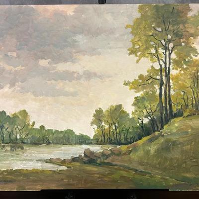 J. Alvin Storck - Rocky Point - Vintage Signed Riverside Landscape Original Painting on Board
