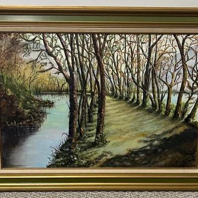 Large Signed Framed Vintage Mid-Century Forest Walkway Original Painting on Canvas