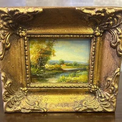 Signed Giltwood-Framed Miniature Lanscape Scene Painting