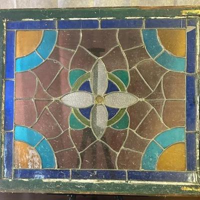 Large Antique Colorful Stained Glass Window in Wooden Frame