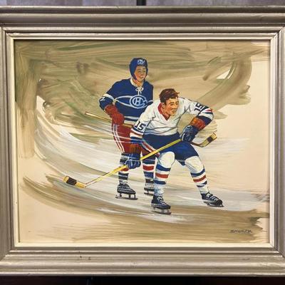 J. Alvin Storck - Vintage Signed Framed Modernist Hockey Scene Original Painting on Board