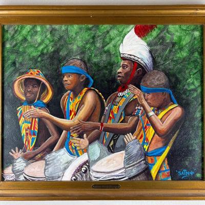 Saint - African Heritage Drummers - Signed Vintage Framed Tribal Original Painting on Board (1998)