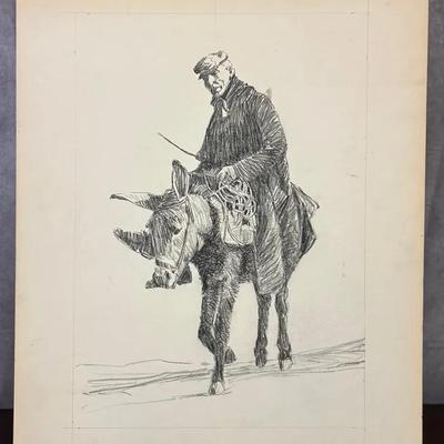 ATTR J. Alvin Storck - Vintage Man Riding Donkey Original Drawing