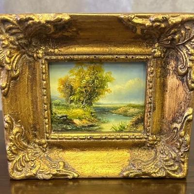 Signed Giltwood-Framed Miniature Lanscape Scene Painting