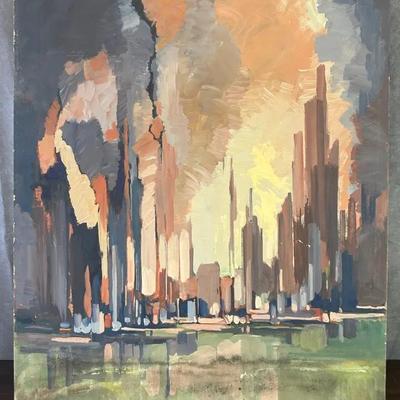 J. Alvin Storck - Large Vintage Signed Modernist Cityscape Original Painting on Board