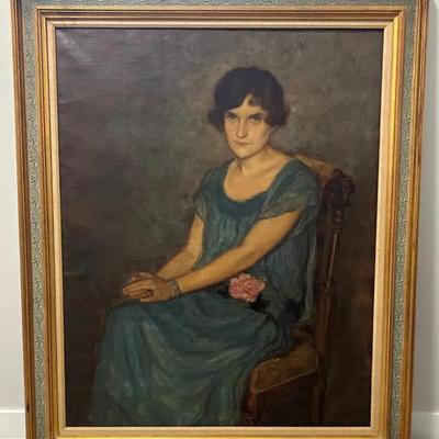 Signed Vintage / Antique Monumental Framed Realist Seated Woman Original Portrait Painting on Canva