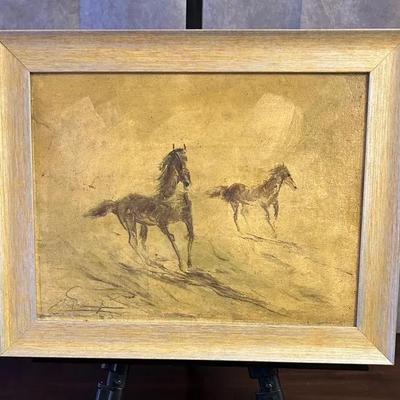 Vintage Signed Framed Running Horse Original Painting on Canvas