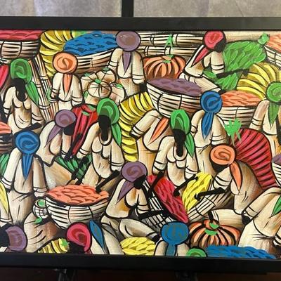 Vintage Signed Framed Colorful Haitian Original Painting on Canvas (1986)