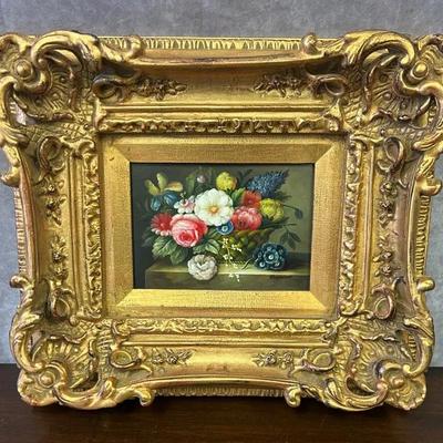 Signed Giltwood-Framed Realist Still-Life Floral Painting 