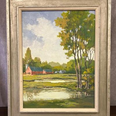 J. Alvin Storck - Valley Farm - Vintage Signed Framed Barn Landscape Original Painting on Board