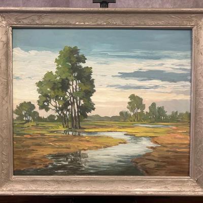 J. Alvin Storck - Marshlands - Vintage Signed Framed Modernist Landscape Original Painting on Board