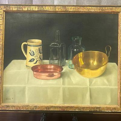 Andras Gombar - Large Signed Framed Vintage Realist Still Life Table Scene Original Canvas Painting