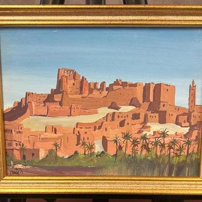 Small Signed Giltwood-Framed Moroccan Townscape Scene Original Painting on Canvas