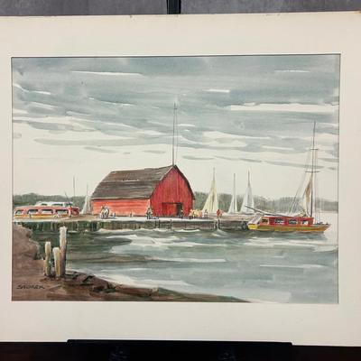J. Alvin Storck - Dock at Ephraim - Vintage Signed Modernist Seaside Landscape Original Watercolor