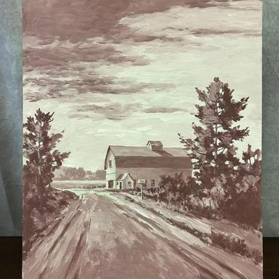 J. Alvin Storck - Vintage Signed Modernist Barn Landscape Original Painting on Board
