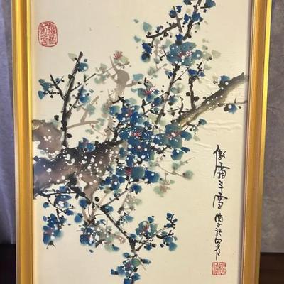 East Asian Vintage Giltwood-Framed Blossoming Tree Print