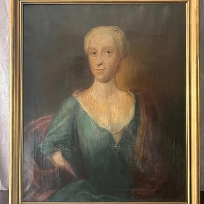 Signed Antique 18th Century Female Folk Portrait Original Painting on Canvas (1798)