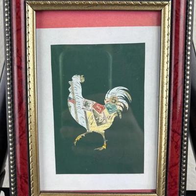 Signed Framed Rooster Stamp Collage Print
