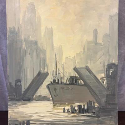 J. Alvin Storck - River Traffic - Vintage Signed Modernist Cityscape Original Painting on Board