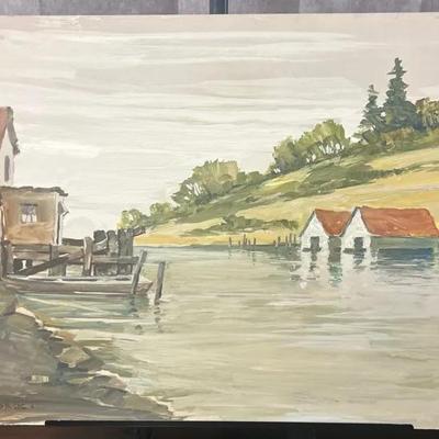 J. Alvin Storck - Vintage Signed Modernist Riverside Landscape Original Painting on Board