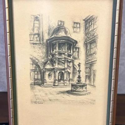 Vintage Framed Streetscene Fountain Print