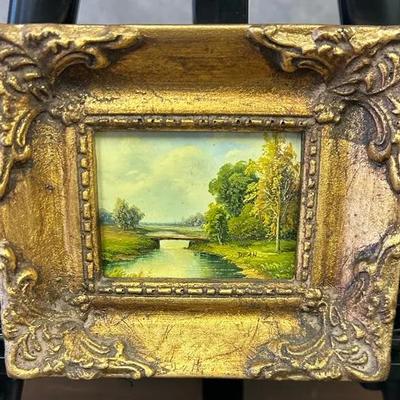Signed Giltwood-Framed Miniature Lanscape Scene Painting