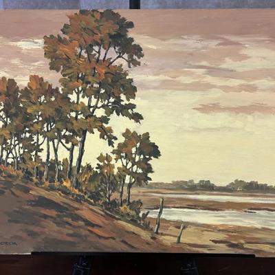 J. Alvin Storck - Vintage Signed Modernist Riverside Landscape Original Painting on Board