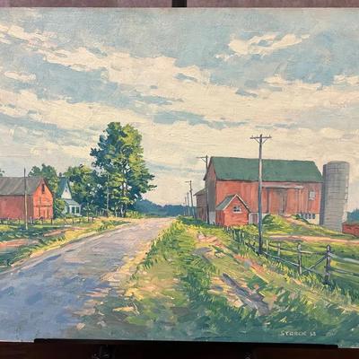 J. Alvin Storck - Hill Top Farm - Vintage Signed Modernist Barn Landscape Original Painting on Board