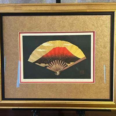 Kunio Kaneko - Signed & Numbered Giltwood-Framed Vintage Hand Fan Woodblock Print (20/100)