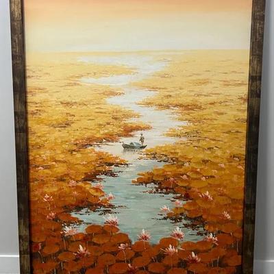 Large Signed Framed Asian Water Lily Landscape Scene Original Painting on Canvas