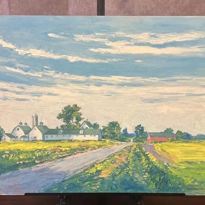 J. Alvin Storck - Cloverdale Farm - Vintage Signed Modernist Landscape Original Painting on Board
