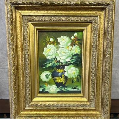 Signed Giltwood-Framed Floral Vase Painting