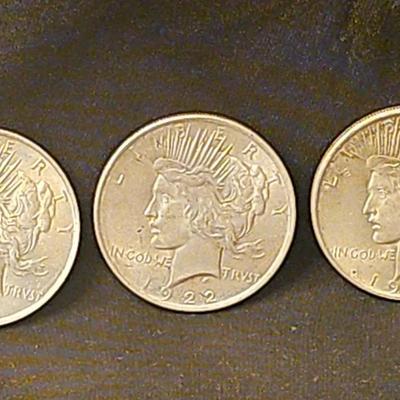 3 Beautiful 1922 Peace Silver Dollars