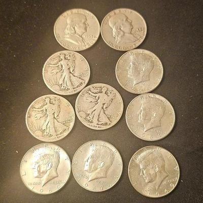 10 Silver Half Dollars 3 40% & 7 90% .50 Coins