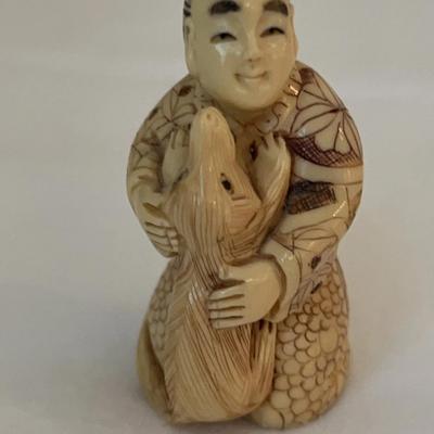 Netsuke Figurine Of Man With Dog