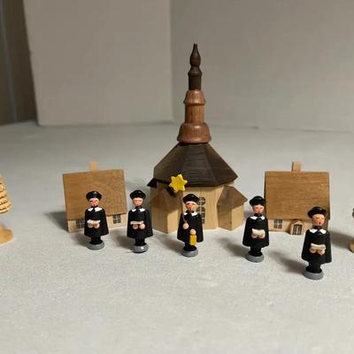 Vintage Erzgebirge Miniature Wooden Carolers & Church Set