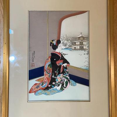 Framed Watercolor "Geisha Girl In Winter" By Sadanobu Hasegawa