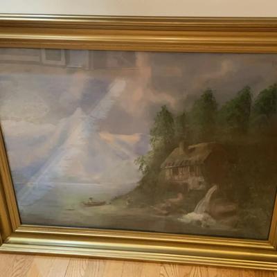 Framed Artwork Of A Cabin On A Lake