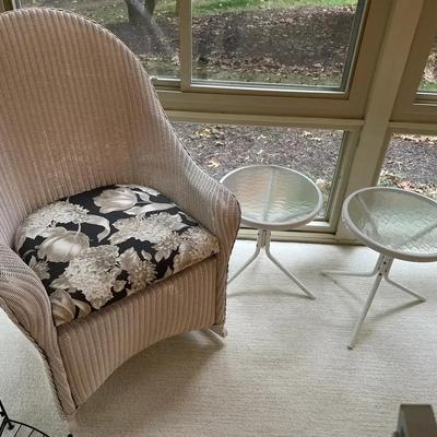 White Wicker Rocker With 2 Side Tables